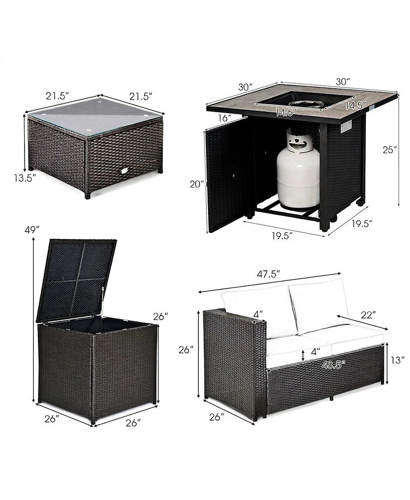 Sugift 5-Piece Patio Furniture Set with 30 in Gas Fire Pit Table and Wicker Loveseats