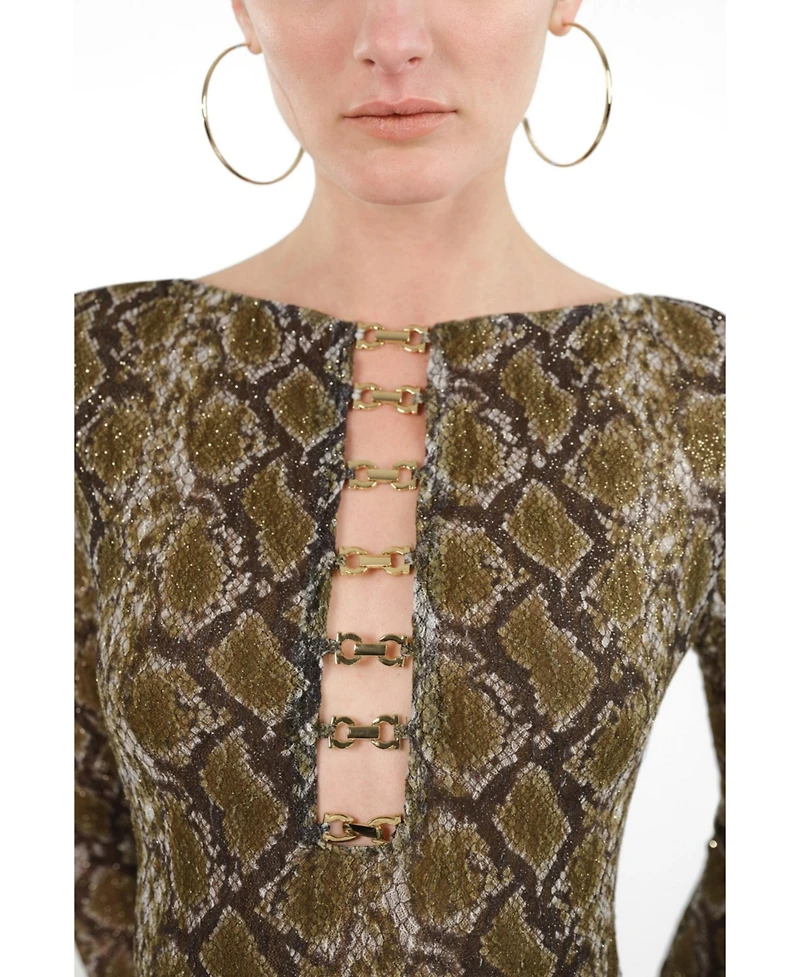 Nocturne Women's Snake Print Ring Detail Long Sleeve Maxi Dress