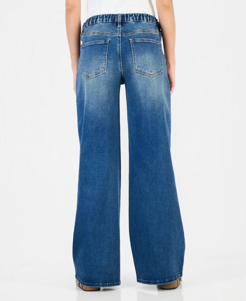Madden Girl Juniors' Asym Elastic Back Waist High-Rise Wide-Leg Jeans