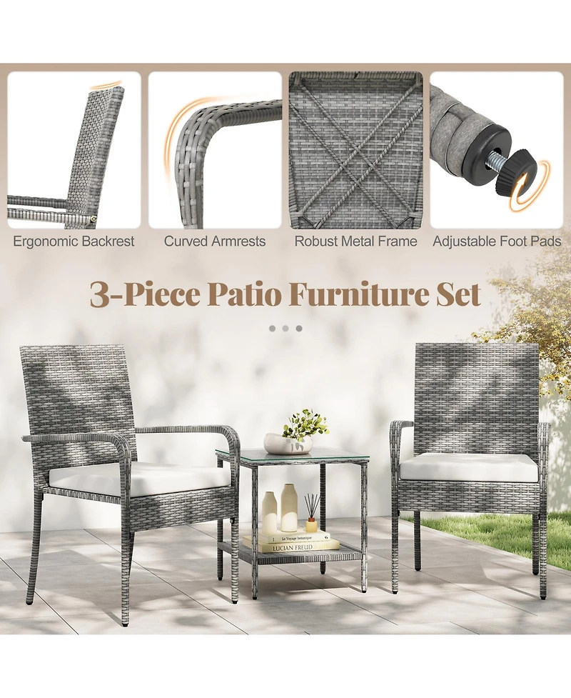Sugift 3 Piece Patio Furniture Set with Seat Cushions and Tempered Glass Tabletop for Balcony