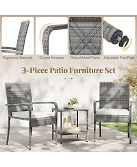 Sugift 3 Piece Patio Furniture Set with Seat Cushions and Tempered Glass Tabletop for Balcony