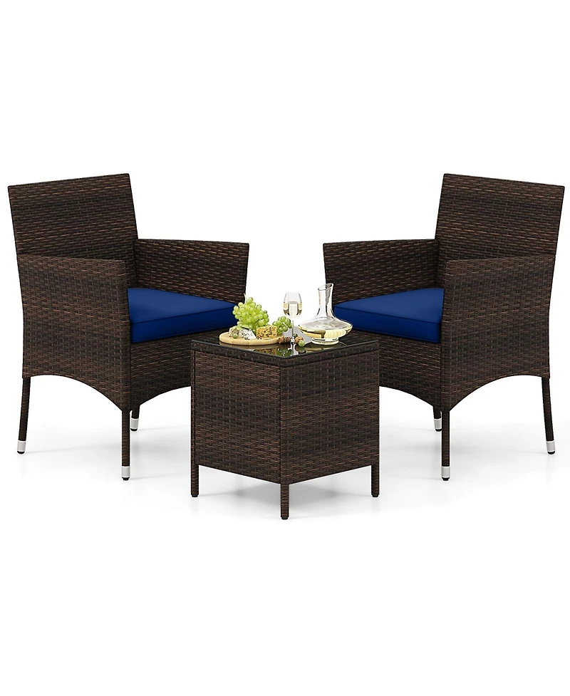 Sugift 3 Pieces Outdoor Conversation Set with Cushioned Seat and Glass Tabletop