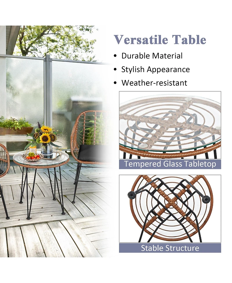 Sugift 3 Pieces Patio Rattan Bistro Set with Cushion