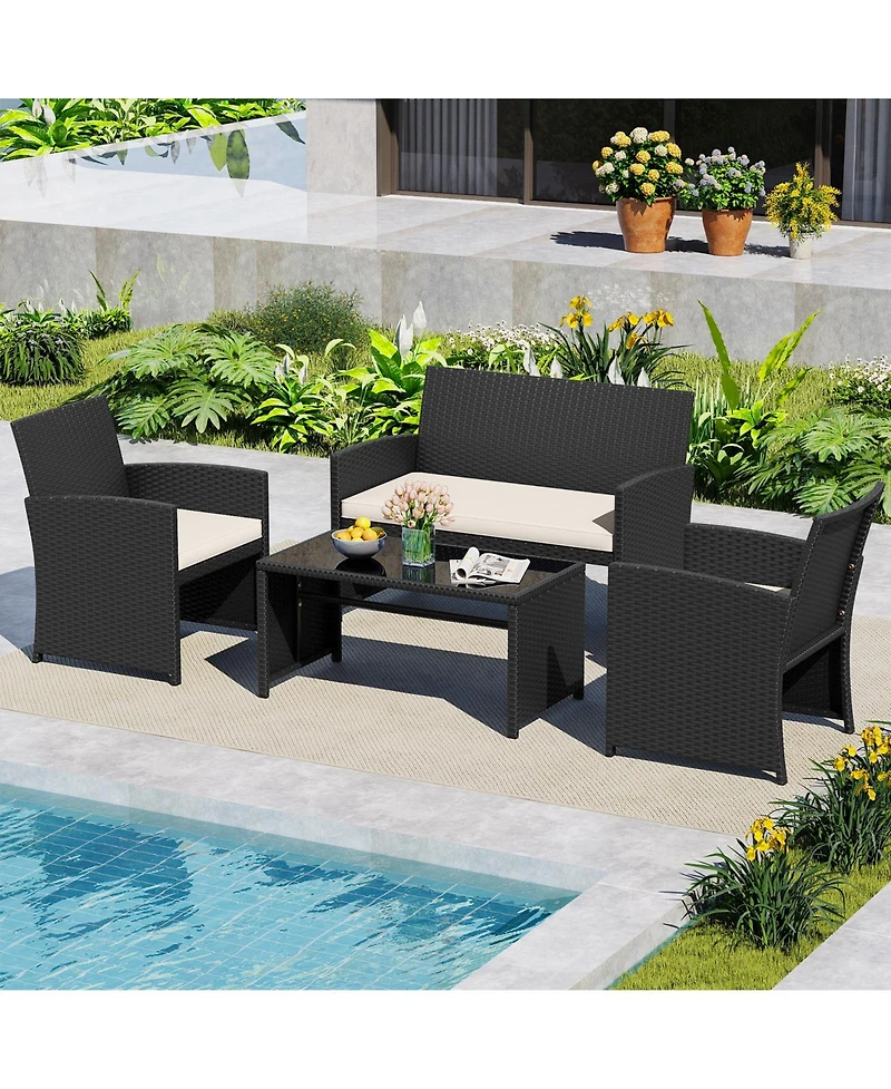 Sugift 4 Pieces Patio Furniture Set with Tempered Glass Tabletop and Removable Cushion