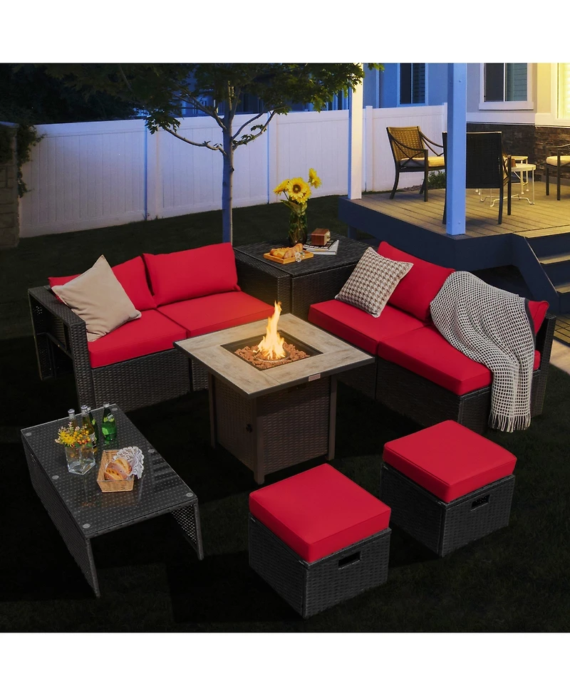 Sugift 9-Piece Pe Rattan Sectional Sofa Set with 42 in Gas Fire Pit Table