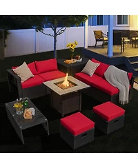 Sugift 9-Piece Pe Rattan Sectional Sofa Set with 42 in Gas Fire Pit Table