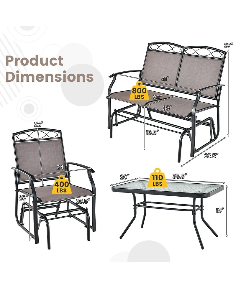Sugift 4 Piece Patio Glider Conversation Set with Tempered Glass Coffee Table Top