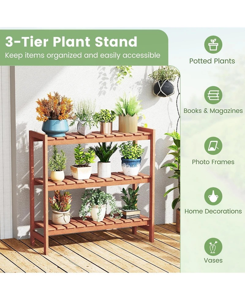 Sugift 3-Tier Solid Wood Plant Stand with Slatted Shelves