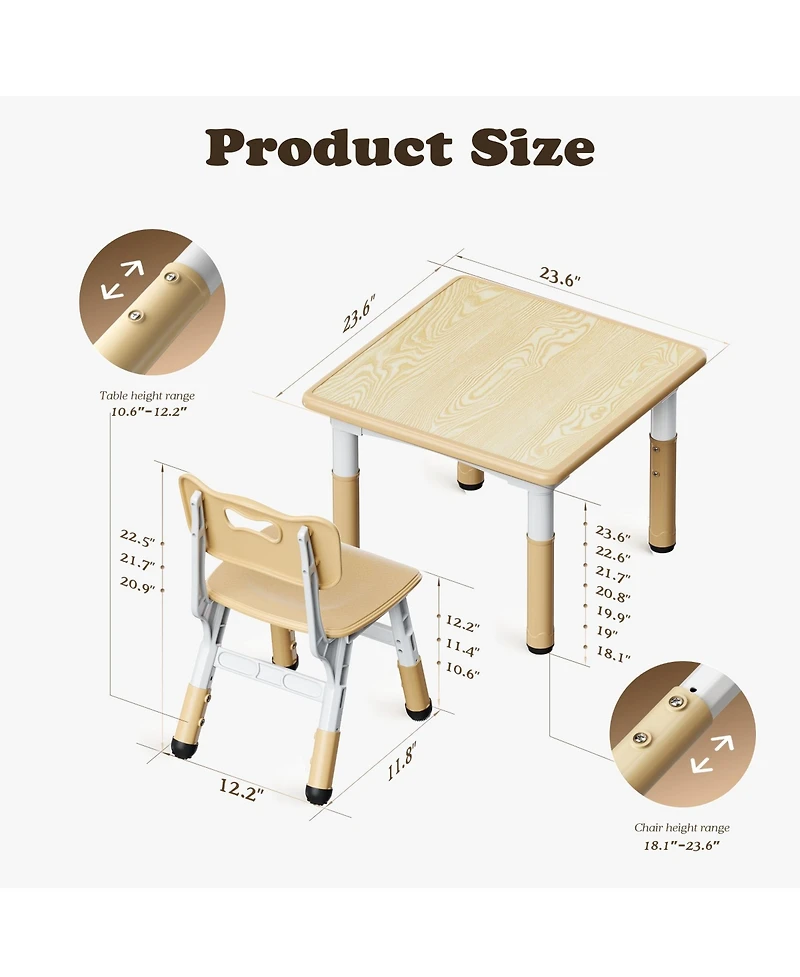Kinder King Kids Height-Adjustable Table and Chairs Set with 31.5''W Easy-Clean Top