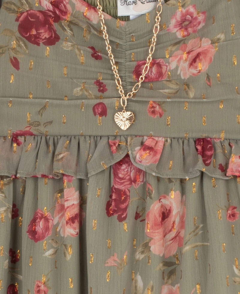 Rare Editions Girls' 7-16 Printed Chiffon Long-Sleeve Dress with Necklace, 2-Piece Set