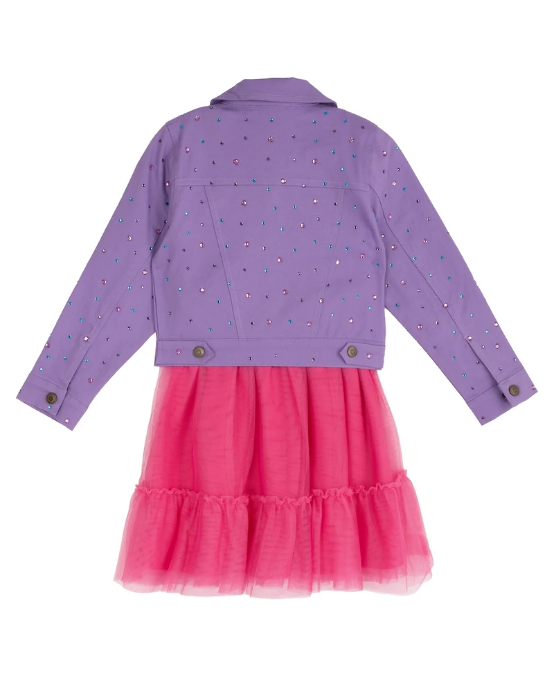 Rare Editions Girls' 2T-6X Sequin Heart Short-Sleeve Dress and Denim Jacket, 2-Piece Set