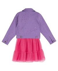 Rare Editions Girls' 2T-6X Sequin Heart Short-Sleeve Dress and Denim Jacket, 2-Piece Set