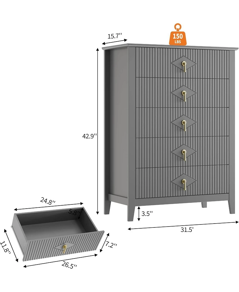 Fluted Dresser for Bedroom, 42.9" Tall 5-Drawer Wood Dresser, Modern Chest of Drawers, Storage Organizer Cabinet for Living Room, Hallway, Entryway