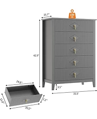 Fluted Dresser for Bedroom, 42.9" Tall 5-Drawer Wood Dresser, Modern Chest of Drawers, Storage Organizer Cabinet for Living Room, Hallway, Entryway