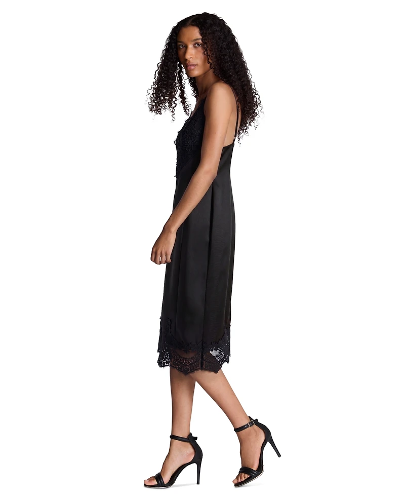 Kenneth Cole Women's Contrast Lace Trim Double Face V-Neck Midi Dress