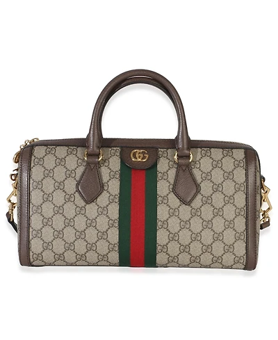 Pre-Owned Gucci Beige Gg Supreme Monogram Canvas Web Medium Ophidia Boston Bag