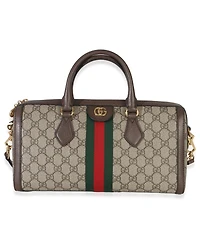 Pre-Owned Gucci Beige Gg Supreme Monogram Canvas Web Medium Ophidia Boston Bag