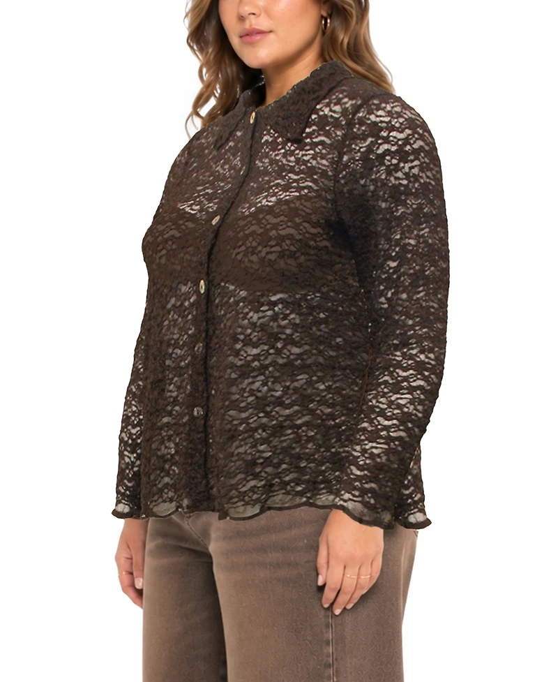 Coin 1804 Plus Floral Edge Lace Button-Front Shirt
