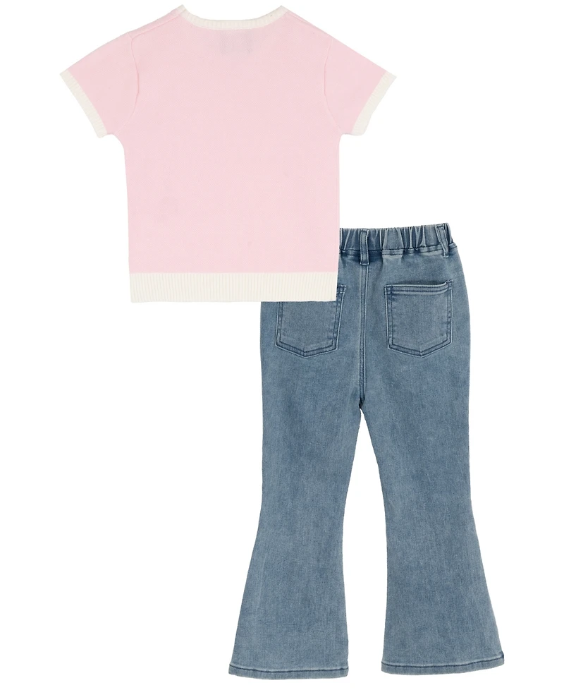 Rare Editions Girls' 2-6X Short-Sleeve Sweater and Demin Pleated Pants, 2-Piece Set