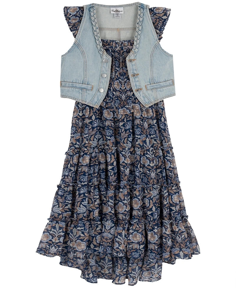 Rare Editions Girls' 7-16 Floral Print Sleeveless Dress and Denim Vest, 2-Piece Set