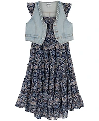 Rare Editions Girls' 7-16 Floral Print Sleeveless Dress and Denim Vest, 2-Piece Set