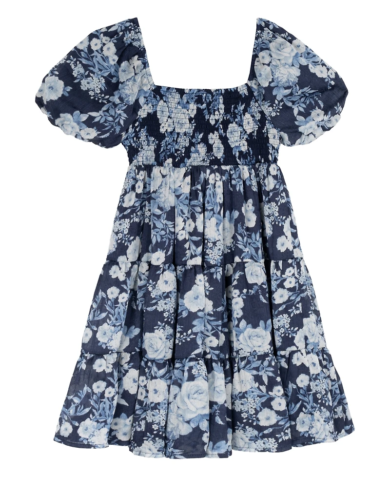 Rare Editions Girls' 7-16 Printed Floral Jacquard Chiffon Smocked Babydoll Dress