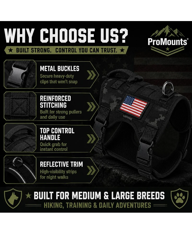 ProMounts Adjustable Tactical Dog Harness for Medium & Large Dogs