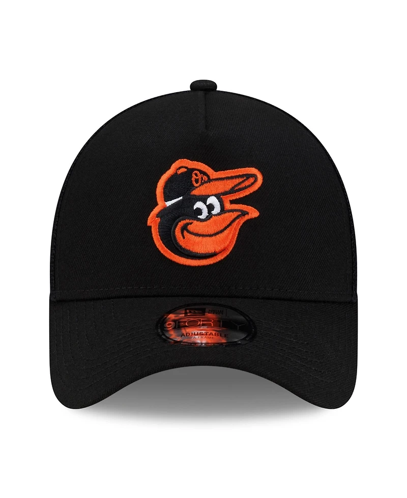 New Era Men's Black Baltimore Orioles Side Script 9FORTY A-Frame Trucker Adjustable Hat