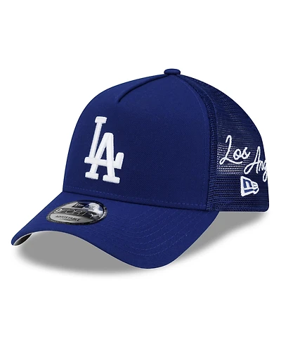 New Era Men's Royal Los Angeles Dodgers Side Script 9FORTY A-Frame Trucker Adjustable Hat