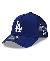New Era Men's Royal Los Angeles Dodgers Side Script 9FORTY A-Frame Trucker Adjustable Hat