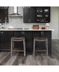 Maven Lane Adrien Saddle Counter Stool Reclaimed Oak Finish w/ Ash Grey Fabric Upholstery
