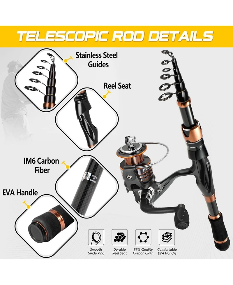 Aofar 2PACK Fishing Rod Reel Combo Telescopic Carbon Spinning Travel Kit 1.80M / 5.91FT