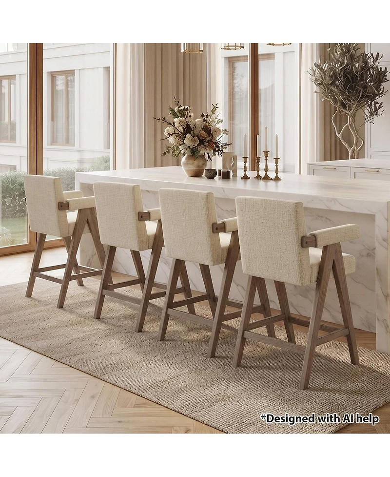 Maison Boucle Set of 4 Mid-Century Modern Counter Height Bar Stool With Arms, Solid Wood Oak Legs, Beige Upholstered Full Back, Footrest, 25.5" Seat H