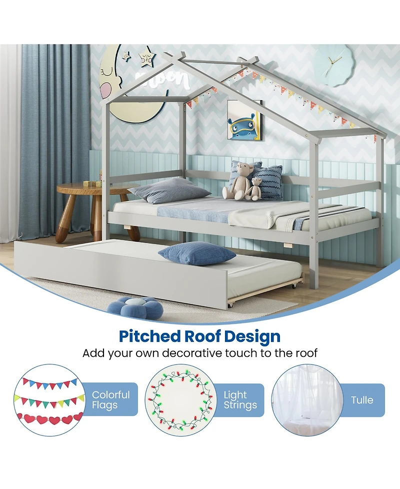 Gymax Twin House Bed With Trundle Roof and Fence Rails Wooden Platform Frame