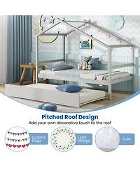 Gymax Twin House Bed With Trundle Roof and Fence Rails Wooden Platform Frame