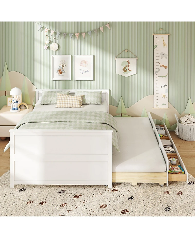 Gymax Full Size Bed Frame With Twin Trundle and 3 Storage Drawers With Headboard Footboard