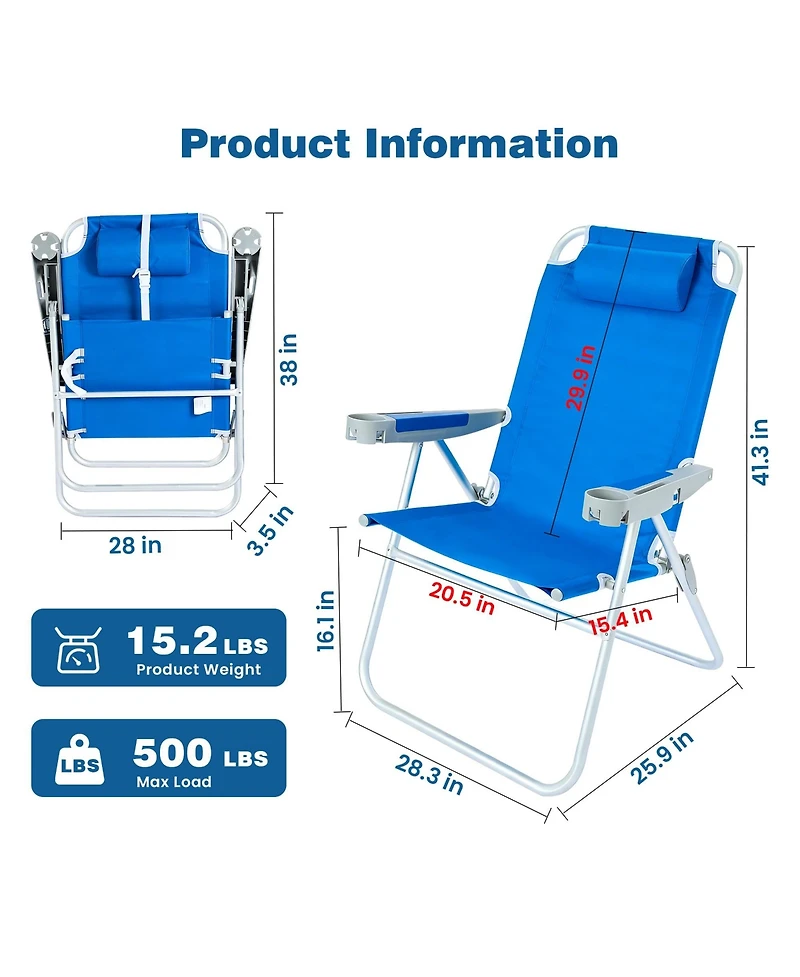 Aofar 17" Oversized Tall Folding Beach Chair Cup Holders 500 Lbs