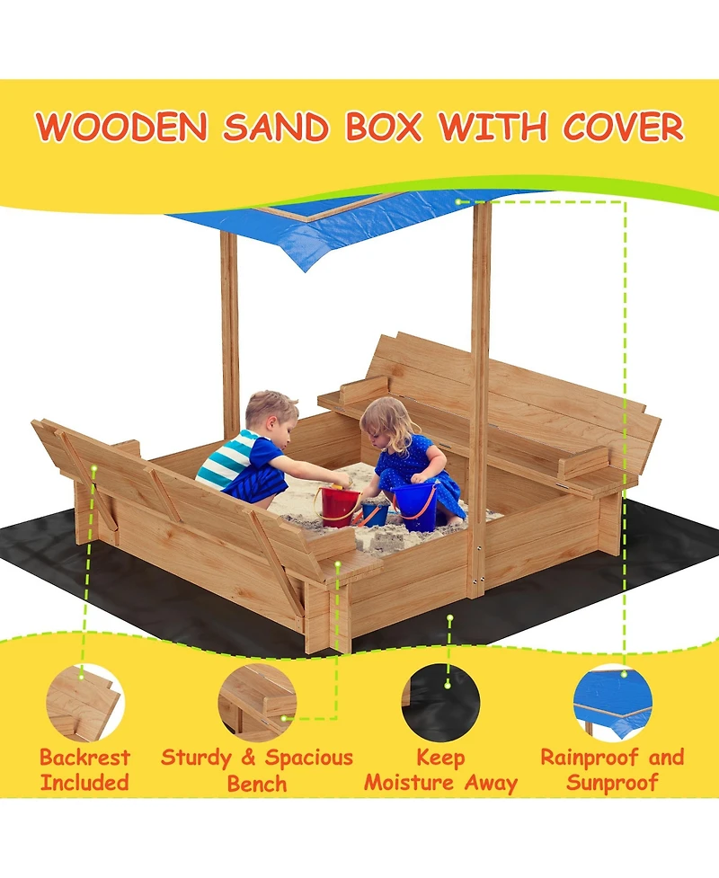 homfan Outdoor Wooden Sand and Water Table, Large Sandbox with Lid and Adjustable Canopy for Kids Ages 3 to 8