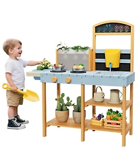homfan 2 in 1 Wooden Mud Kitchen Water and Sand Table, Fir Wood Sensory Play Table with Removable Basin and Chalkboard for Kids Ages 3