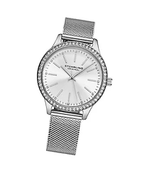 Women's Quartz Crystal Studded Silver Case and Silver Mesh Bracelet, Silver Hands and Markers Watch