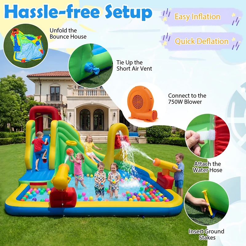 Gymax Outdoor Inflatable Splash Water Bounce House Jump Slide with 550W Blower Kids
