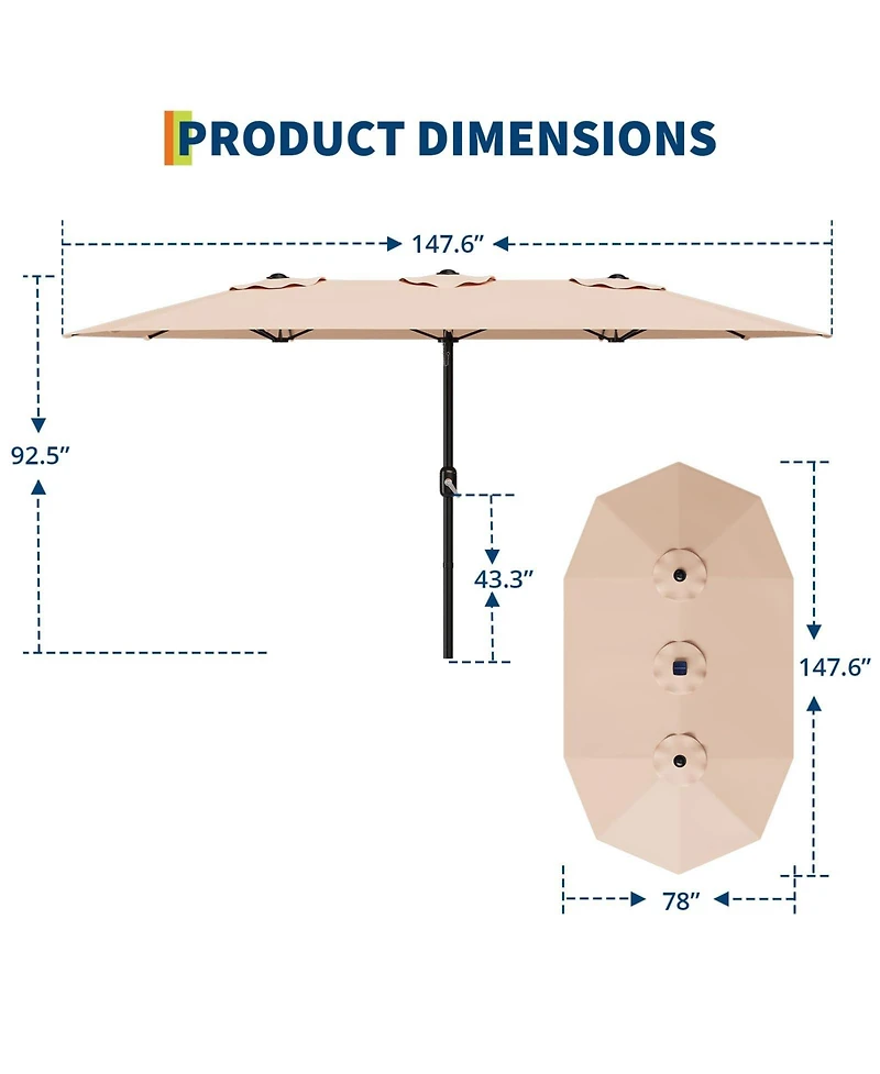 homfan Large 13 Feet Double-Sided Umbrella, Outdoor Sun Shade, Waterproof Windproof, Easy Crank, for Backyard, Poolside, Lawn (Base Not Included)