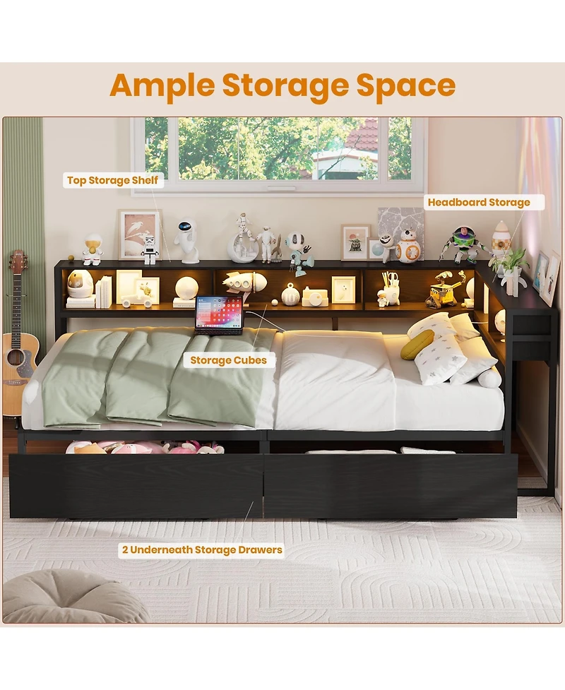homfan Twin Daybed Frame with Corner Design – Storage Shelf and Drawers, Bookcase Headboard, Charging Station Led Light, Metal Platform Sofa Bed