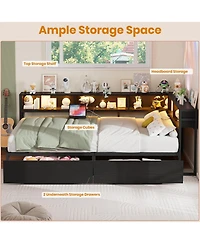 homfan Twin Daybed Frame with Corner Design – Storage Shelf and Drawers, Bookcase Headboard, Charging Station Led Light, Metal Platform Sofa Bed