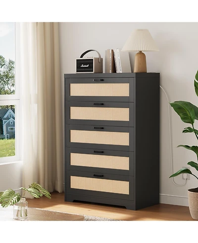 homfan Modern Rattan Hallway Storage Cabinet with 5 Drawers and Power Outlets, Wooden Entryway Chest Metal Handles, Organizer for Bedroom