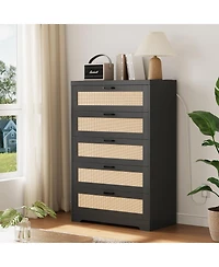 homfan Modern Rattan Hallway Storage Cabinet with 5 Drawers and Power Outlets, Wooden Entryway Chest Metal Handles, Organizer for Bedroom