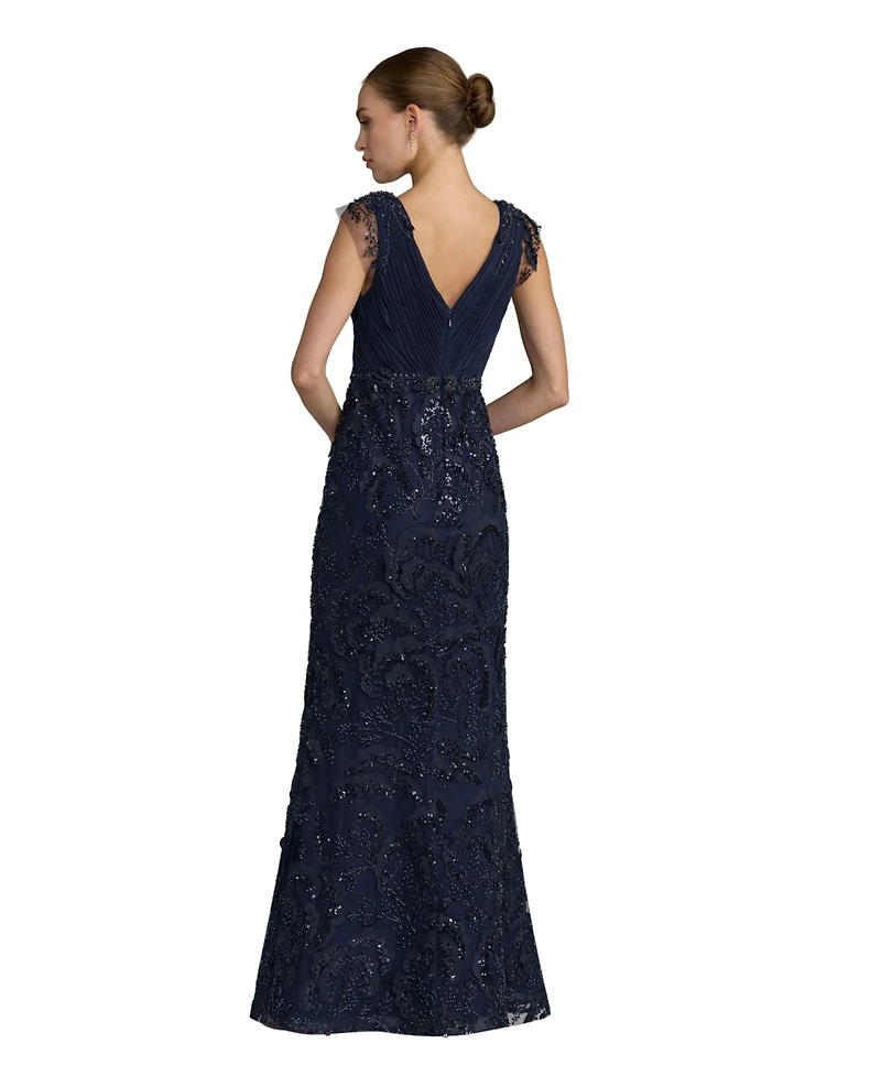 Mac Duggal Petite Floral Beaded Chiffon V-Neck Evening Gown