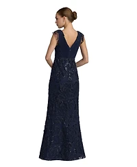 Mac Duggal Petite Floral Beaded Chiffon V-Neck Evening Gown