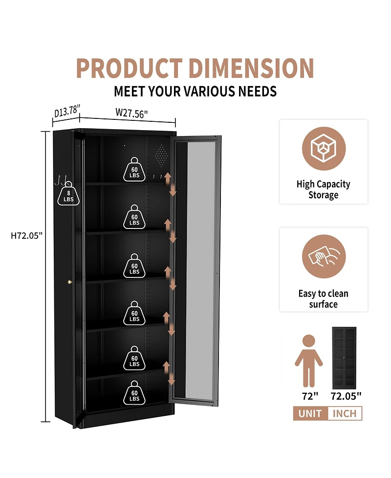Boyel Living Storage Cabinet 72 Inch Tall 5 Shelf Glass Door Metal Organizer