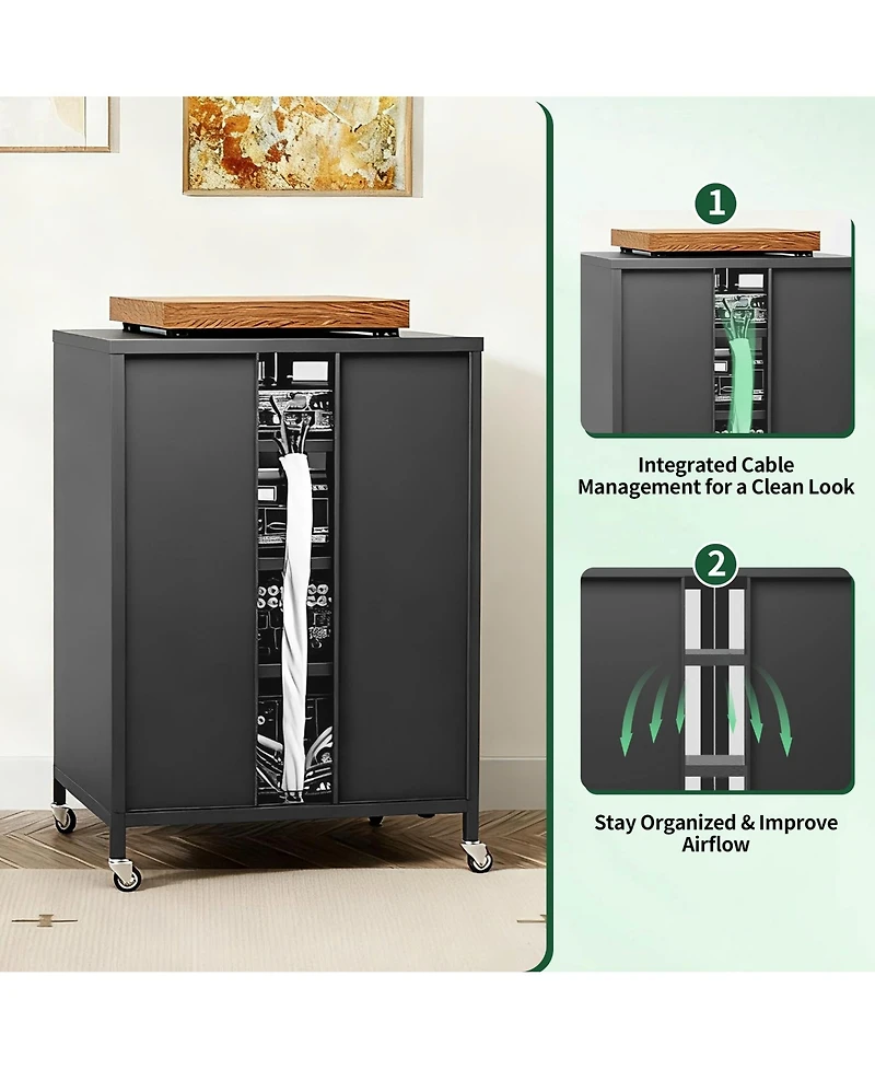 Boyel Living Tv Stand with Adjustable Shelves Tempered Glass Doors Steel Frame Wheels